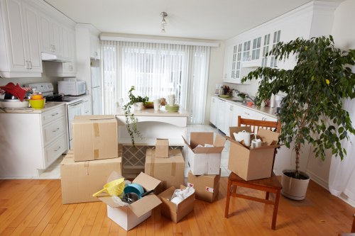 Packed household boxes prepared for a Park Royal house move