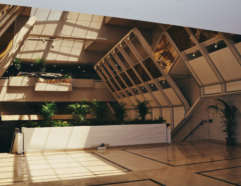 Inside a modern, well-lit building with a high ceiling and large skylights casting natural sunlight across the polished marble floor, a variety of potted green plants line the white wall and balcony area. Visible in the foreground are multiple cardboard boxes and packing materials placed on the floor near the entrance, indicating packing and moving preparations. To the right, a black handrail runs along the wall, and in the background, a crane lift with an open wooden frame is being used to transport furniture or large items through an interior doorway. Equipment such as trolleys or straps are not visible, but the scene reflects an active loading process typical of house or office removals. The environment suggests a professional move organized by Man with Van Park Royal, with attention to careful furniture transport and packing within the building’s interior, supporting efficient relocation services represented in the context of the Park Royal office move case study.